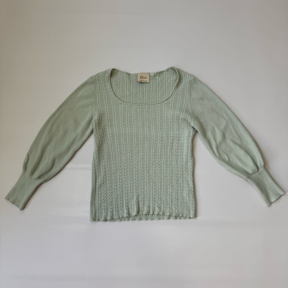 Elie Tahari Stretch Knit Puff Sleeve Scoop Neck Sage Green Sweater Size Large